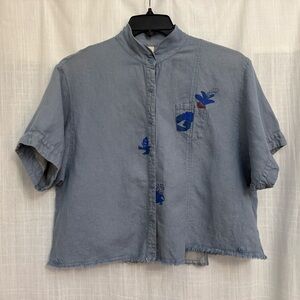 *SOLD* FEINIAOHANXINJIU Button-Up Unique Blue Cropped Shirt Size M/L